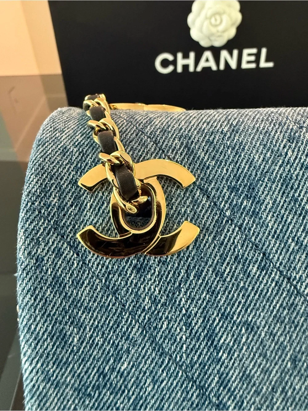 CHANEL Light Blue Denim Quilted Flap Shoulder Bag with Gold Hardware
